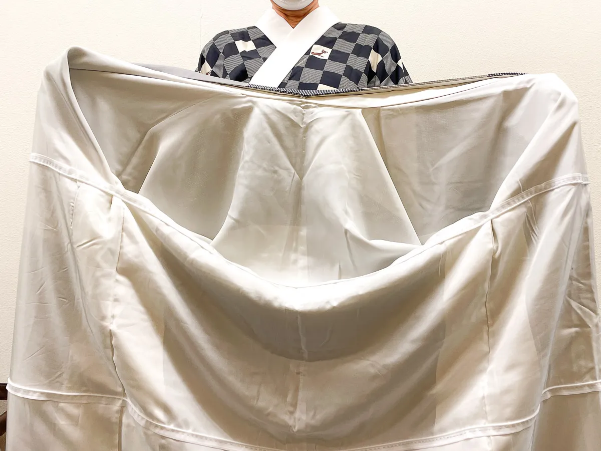 ファスナー着物の下前を整える